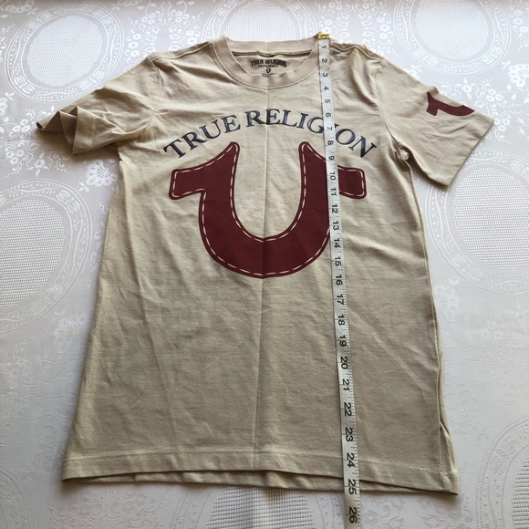 True Religion Girls Size M Tan Logo Graphic T-Shirt Short Sleeves Slim-Fit Tee - Picture 7 of 12